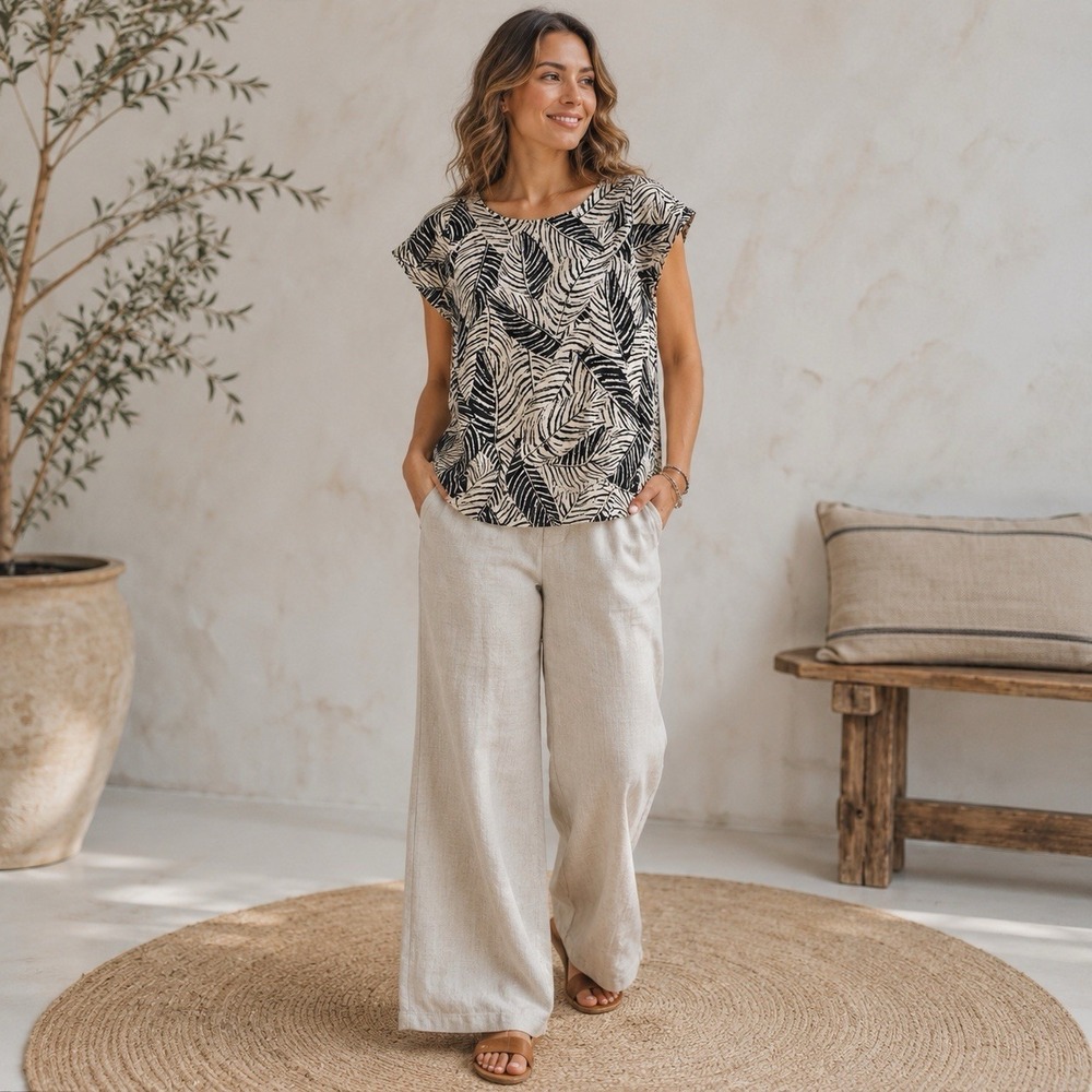 Coastal Women's 100%‎ Linen Top 2X Black White Palm Boxy Blouse Boho Summer Zero